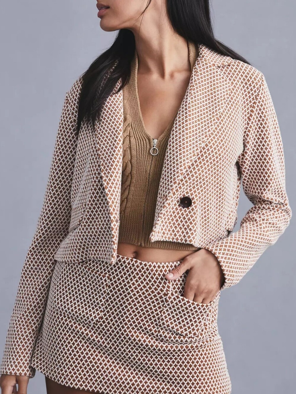 Maeve Anthropologie Brown & White Geometric Knit Cropped Blazer